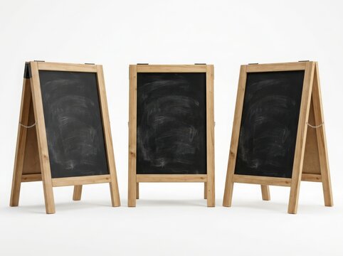 Three wooden chalkboard sidewalk signs standing in a row for restaurant menu advertising or shop store front promotion display isolated on white background