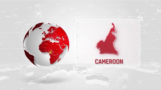 Cameroon 4K Tech Map Beside Globe On White Background.