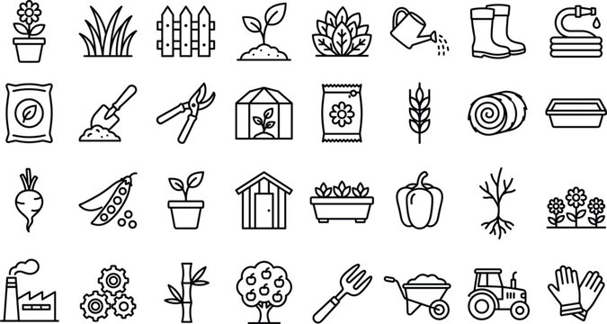 Gardening and agriculture line icon set for farming equipment, backyard plant care websites, and nature vector designs