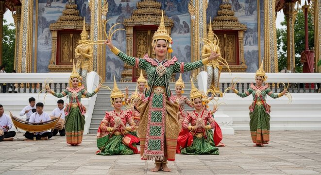 Traditional Thai dancers performing outside temple.