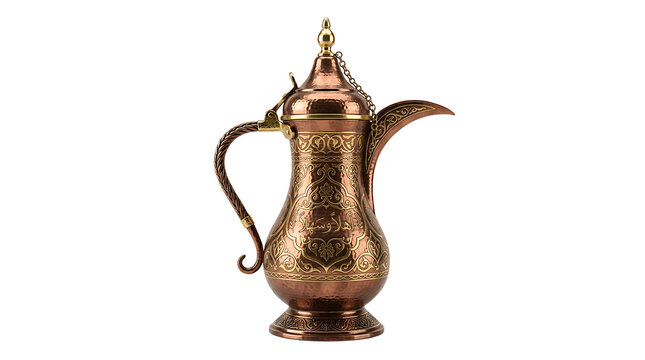 Handcrafted copper arabic dallah coffee pot with intricate floral engravings and a woven handle, isolated on a plain white background