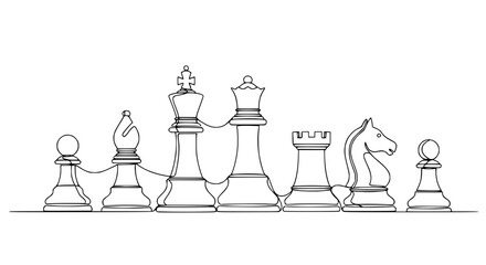 Continuous Line Art of Chess Pieces: King, Queen, Rook, Bishop, Knight, Pawn © Kopi