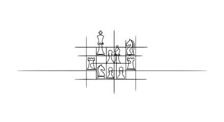 Minimalist Chess Strategy Game with Pieces on White Background © Kopi