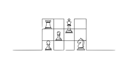 Chess Game Strategy - Minimalist Line Art of Chess Pieces on Board © Kopi