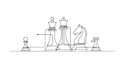 Continuous Line Drawing of Chess Pieces: King, Queen, Knight, Rook, Pawn © Kopi