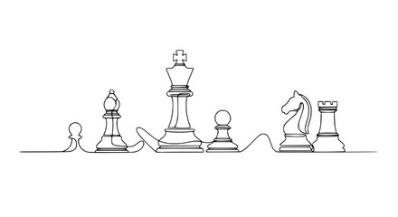 Continuous Line Drawing Chess Pieces: King, Queen, Rook, Knight, Bishop, Pawn © Kopi