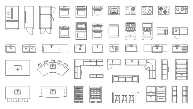 Kitchen Floor Plan CAD Symbols Collection with Appliances, Cabinets and Islands