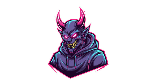 Pixel art purple demon with pink eyes and horns