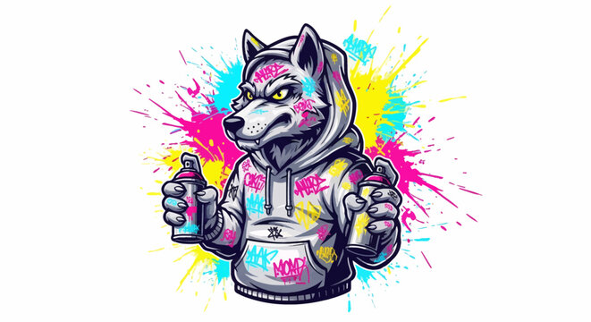 Cool wolf graffiti artist with spray can