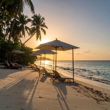 Sunset over tropical beach with wooden pier and hut.