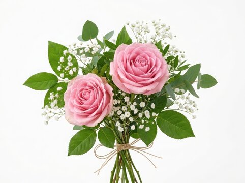 Beautiful bouquet of two soft pink roses with green leaves and small white flowers tied with a simple delicate ribbon bow isolated on white background