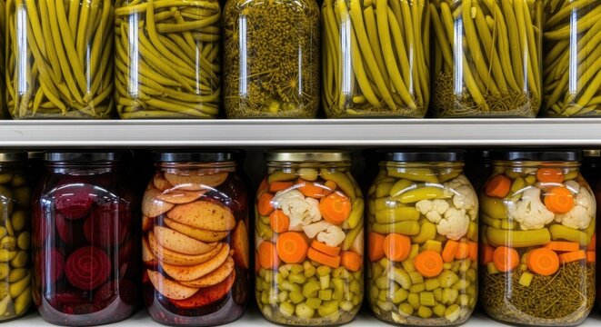Variety of pickled vegetables in jars.