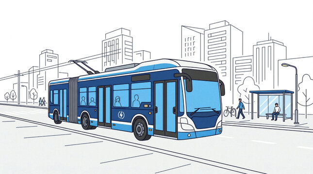 Modern electric city bus illustration with urban background and passengers waiting at bus stop.
