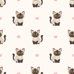 Fototapeta premium Minimalist siamese cat seamless pattern, cute cartoon thai kitten heart repetitive background on white