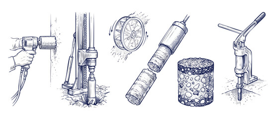 Concrete core drilling equipment sketch showing diamond drill rig tool, hand-held wall drilling machine, extracted concrete core sample, and testing apparatus in vintage engraving style illustrations. © Dinali