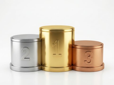 Shiny gold silver and bronze winners podium showing first second and third place ranks for sports competition and success isolated on white background