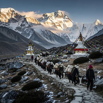 Winter mountain climbers ascending snowy peak in Himalayas.