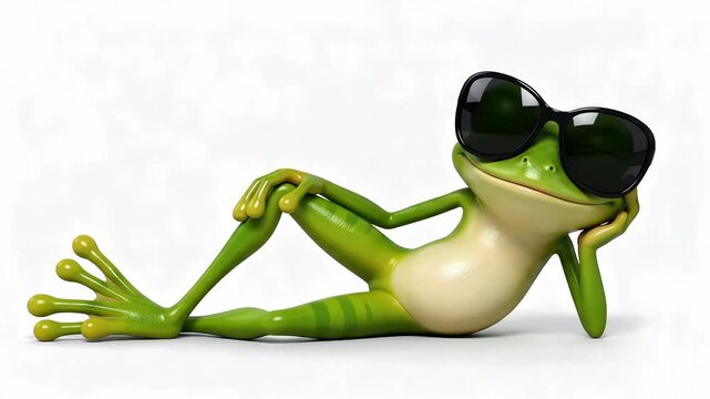 3D Animation of a Cute Green Tree Frog Wearing Sunglasses Reclining and Waving Hello with a Transparent Background