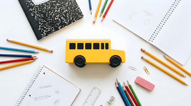 Educational background with yellow school bus toy surrounded by notebooks pencils and erasers for back to school preparation and learning concepts