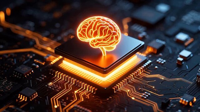 Glowing orange brain chip on circuit board
