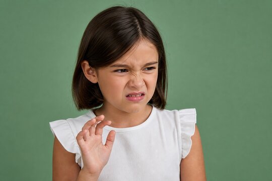 Sour expression of a young girl, her hand signaling rejection during the day