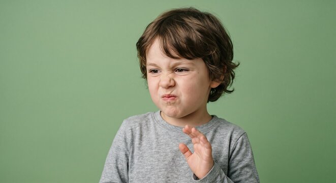 Grimacing boy shows profound dislike for a sour sensation with a crinkled face