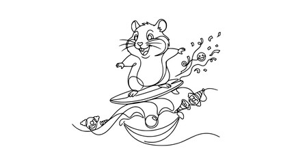 Fototapeta premium Happy Hamster Surfing on a Wave, Line Art, Fun Cartoon Style