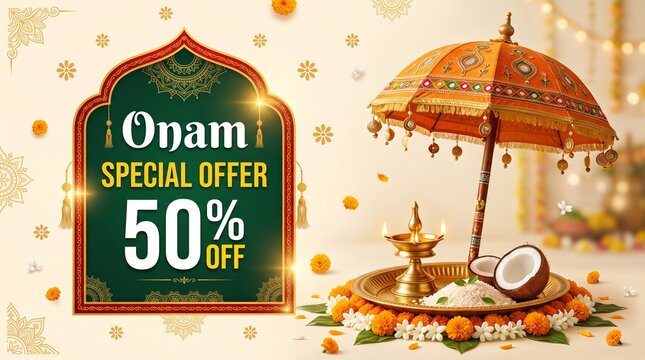 Onam Festival Special Offer Vector Banner with 50 Percent Off Sale, Traditional Kerala Maveli Kudam Umbrella, Diya Lamp, Thali Plate, Coconut, and Flower Rangoli Decoration for Promotional Marketing