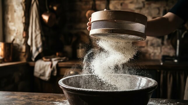 Nutritious breakfast concept Sifting flour into a bowl for baking Ideal for healthy lifestyle marketing balanced nutrition colorful ingredients wholesome meal fresh organic food natural wellness cle