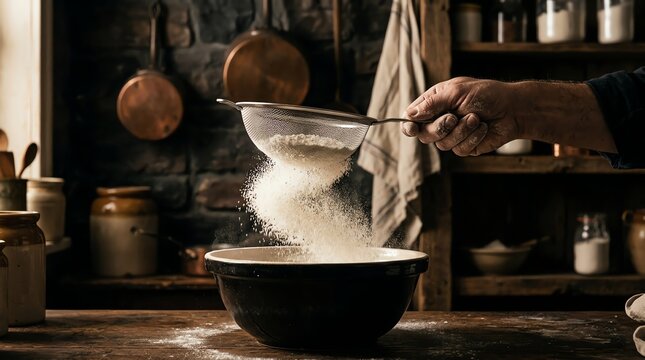 Nutritious breakfast concept Sifting flour into a mixing bowl in rustic kitchen Ideal for healthy lifestyle marketing balanced nutrition colorful ingredients wholesome meal fresh organic food natura