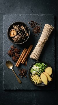 Nutritious breakfast concept Stylish arrangement of Asian cooking ingredients Ideal for healthy lifestyle marketing balanced nutrition colorful ingredients wholesome meal fresh organic food natural 