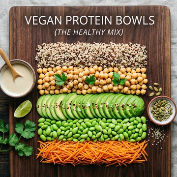 Nutritious breakfast concept Vibrant vegan protein bowl with fresh ingredients Ideal for healthy lifestyle marketing balanced nutrition colorful ingredients wholesome meal fresh organic food natural