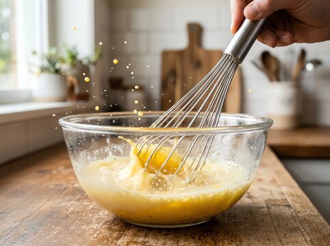 Nutritious breakfast concept Whisking eggs in a bowl for delicious recipes Ideal for healthy lifestyle marketing balanced nutrition colorful ingredients wholesome meal fresh organic food natural wel