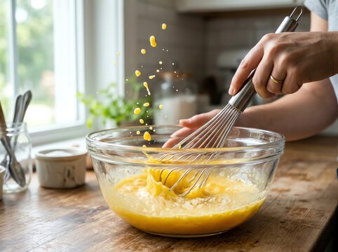 Nutritious breakfast concept Whisking eggs in a clear bowl with splash Ideal for healthy lifestyle marketing balanced nutrition colorful ingredients wholesome meal fresh organic food natural wellnes