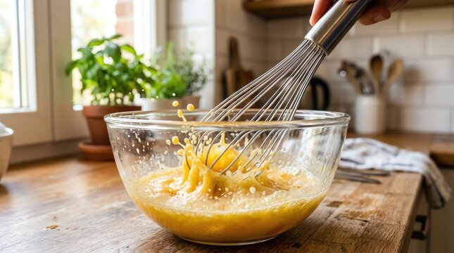 Nutritious breakfast concept Whisking eggs in a glass bowl in a kitchen Ideal for healthy lifestyle marketing balanced nutrition colorful ingredients wholesome meal fresh organic food natural wellne