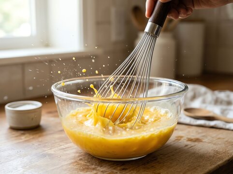 Nutritious breakfast concept Whisking eggs in a glass bowl with splashes Ideal for healthy lifestyle marketing balanced nutrition colorful ingredients wholesome meal fresh organic food natural welln