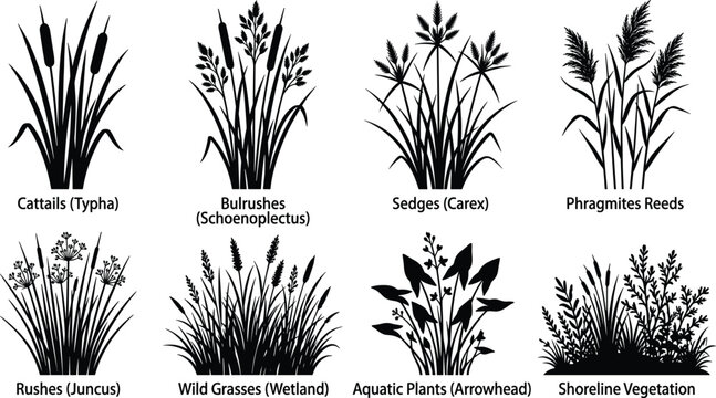 Wetland Plant Silhouette Collection Featuring Cattails Reeds Sedges Rushes and Aquatic Vegetation Vector Set