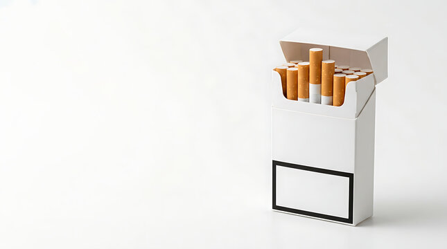 Simple white cardboard cigarette pack filled with tobacco cigarettes on white background