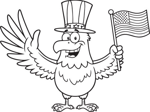 Patriotic bald eagle cartoon character, American eagle wearing Uncle Sam hat holding USA flag, black and white line art vector illustration