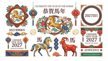 Auspicious 2027 chinese new year of the horse frame and card collection with celebration traditional greeting oriental illustration festival background ornament template invitation © Shaon