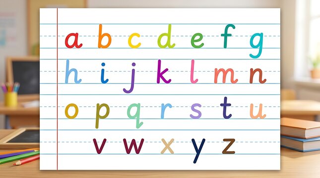 Colorful alphabet letters on whiteboard, classroom background, educational display, kids learning tools