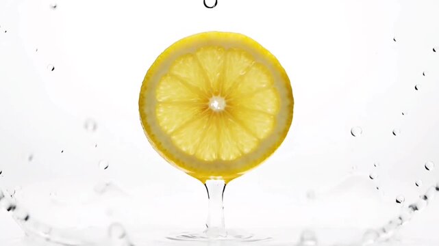 Realistic slow motion lemon slice splash with water droplets in air.