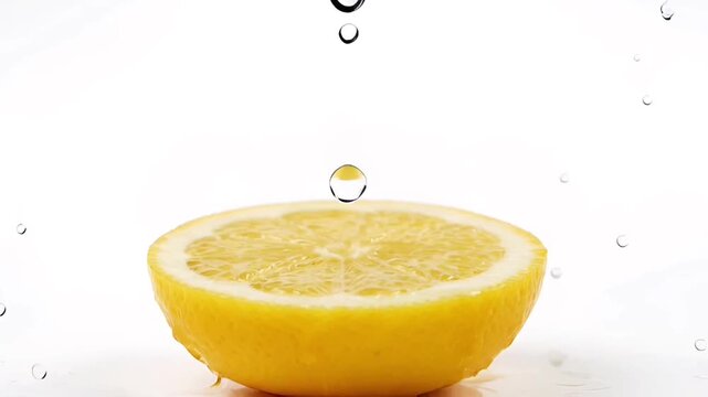 Realistic slow motion lemon slice splash with water droplets in air.