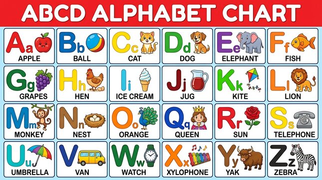 Alphabet chart, educational poster, ABC learning, kids alphabet, colorful illustration