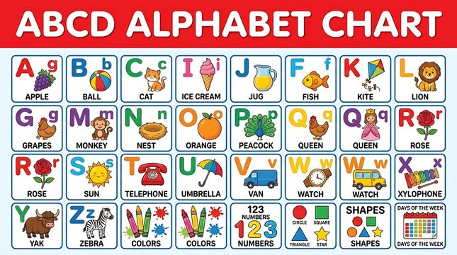 alphabet chart, colorful educational poster, ABC letters, kids learning, 26 letters