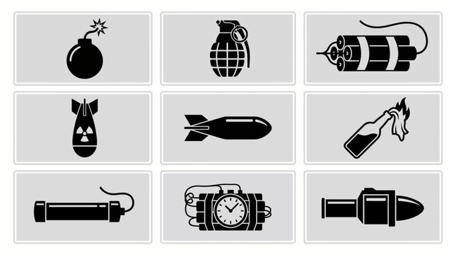 Military bomb and weapon explosive icons set in black and white