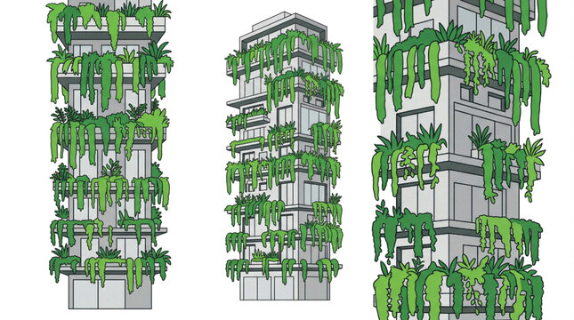 Modern high rise buildings covered with lush green plants and vertical gardens.