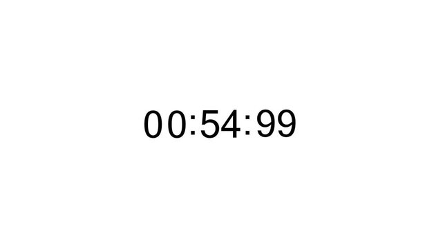 Digital countdown timer animation with running time display. Stopwatch style time counter showing minutes seconds and hours. Clean numeric timer animation for video and media use.