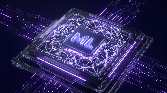 A futuristic microprocessor chip featuring glowing purple light and a complex neural network design element