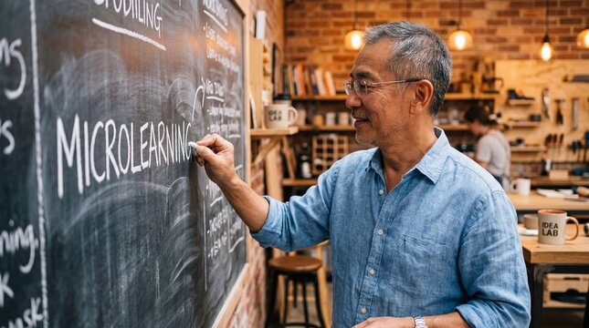 Middle aged Asian man in blue shirt writing microlearning on a chalkboard in a warm workshop